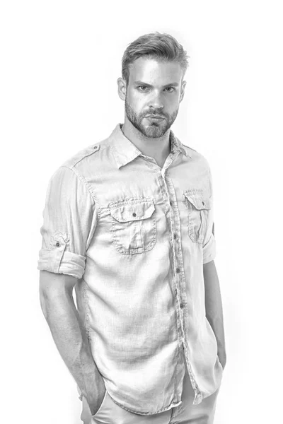 Bearded man hold hands in pockets isolated on white background. Fashion man in shirt. Casual in style. Hair and barber salon. Handsome and confident, black and white — Stock Photo, Image