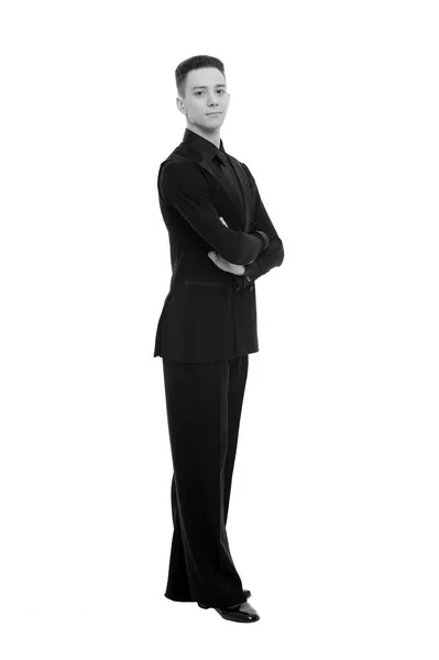Ballroom dancer in stylish tuxedo isolated on white background. Man in fashion suit with arms crossed. Groom dressed for wedding or holiday celebration. Dress code for businessman. Elegant in style — Stock Photo, Image