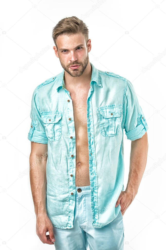 Fashion man in unbuttoned shirt isolated on white background. Too sexy for shirt. Handsome and sensual. Casual in style. Real macho, vintage filter