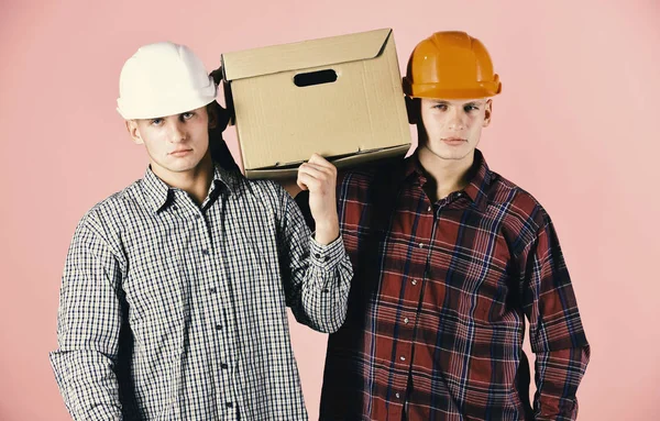 Men with grumpy faces hold cardboard box on pink background. Delivery, warehouse and packaging concept. Siblings with carton box