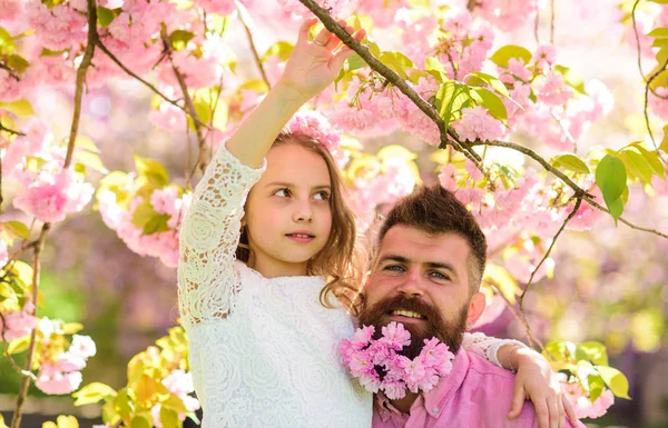 Girlish leisure concept. Father and daughter on happy faces hugs, sakura background. Child and man with tender pink flowers in beard, wreath on head. Girl with dad near sakura flowers on spring day — Stock Photo, Image