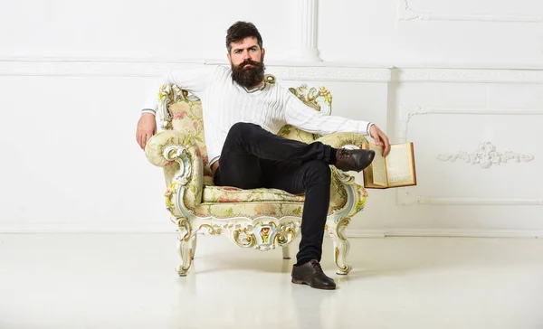 Concepto de conocimiento. Macho smart pasa el ocio con el libro. Hombre con barba y bigote se sienta en el sillón y sostiene libro, fondo blanco de la pared. Científico, profesor de cara seria explora literatura —  Fotos de Stock