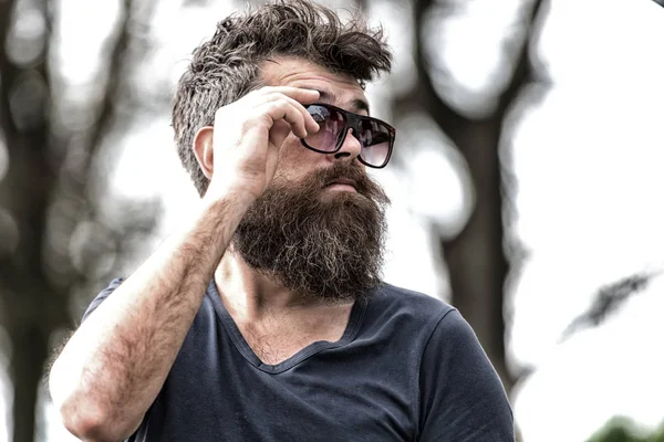 Bearded man takes off sunglasses. Barbershop and style concept. Hipster with beard looks stylish while standing outdoors. Man with beard and mustache on strict face, branches on background, defocused