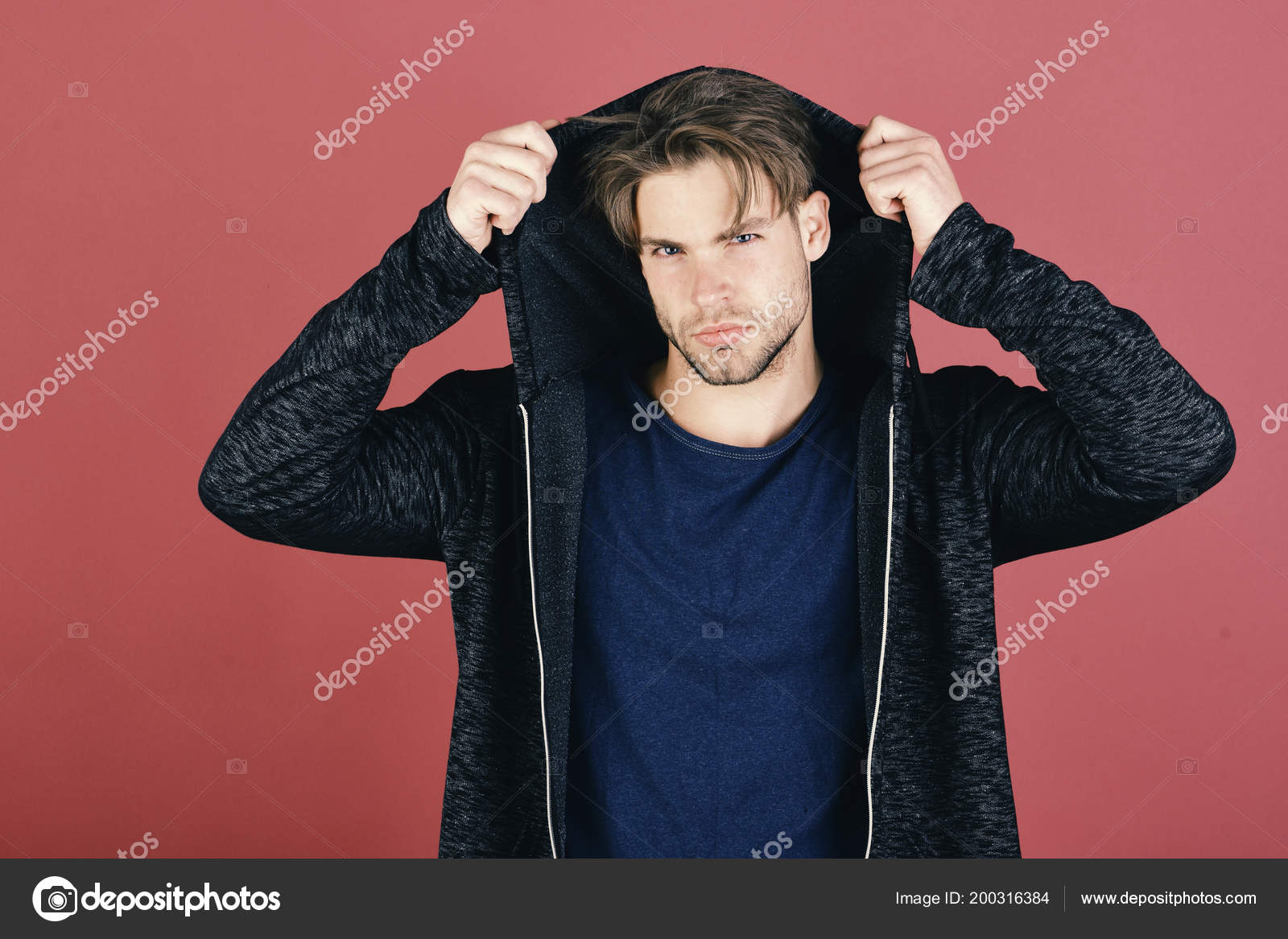 Guy With Bristle In Dark Blue Tshirt And Grey Hoodie Man With