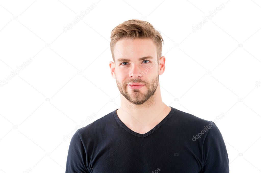 Confident in his perfectness. Man with bristle smiling face isolated white background. Male beauty concept. Man with beard unshaven guy looks handsome good mood. Guy happy wear black shirt copy space