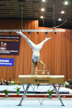 Erkek jimnastikçi Kulplu beygir üzerinde performans