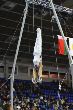 Erkek jimnastikçi sabit jimnastik halkaları gerçekleştirme