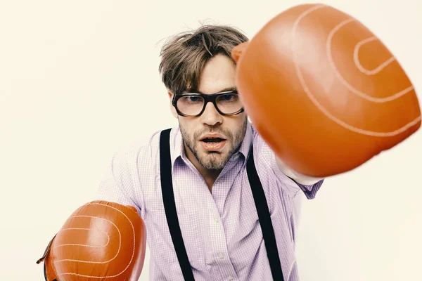 Boxing and working competition concept. Nerd at boxer. Funny young man wearing red boxing gloves — Stock Photo, Image