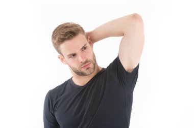 Erkek beyaz izole düşünme elini. Ciddi yüz sakallı adam. Aklında bir şey. Casual tarzda. Yakışıklı karizma ile