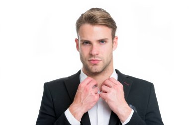 Beyaz yakalı işçi. Adam beyaz yakalı izole zarif resmi elbise beyaz arka plan kadar düğmelerini de bakımlı. Maço zarif hazır çalışma ofisi. Adam ciddi moda kıyafet yakışıklı çekici