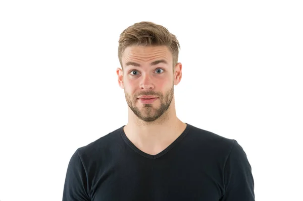 I did not expect that. Man with bristle surprised face isolated white background. Pleasant surprise concept. Man with beard unshaven guy looks handsome good mood. Guy happy surprised — Stock Photo, Image
