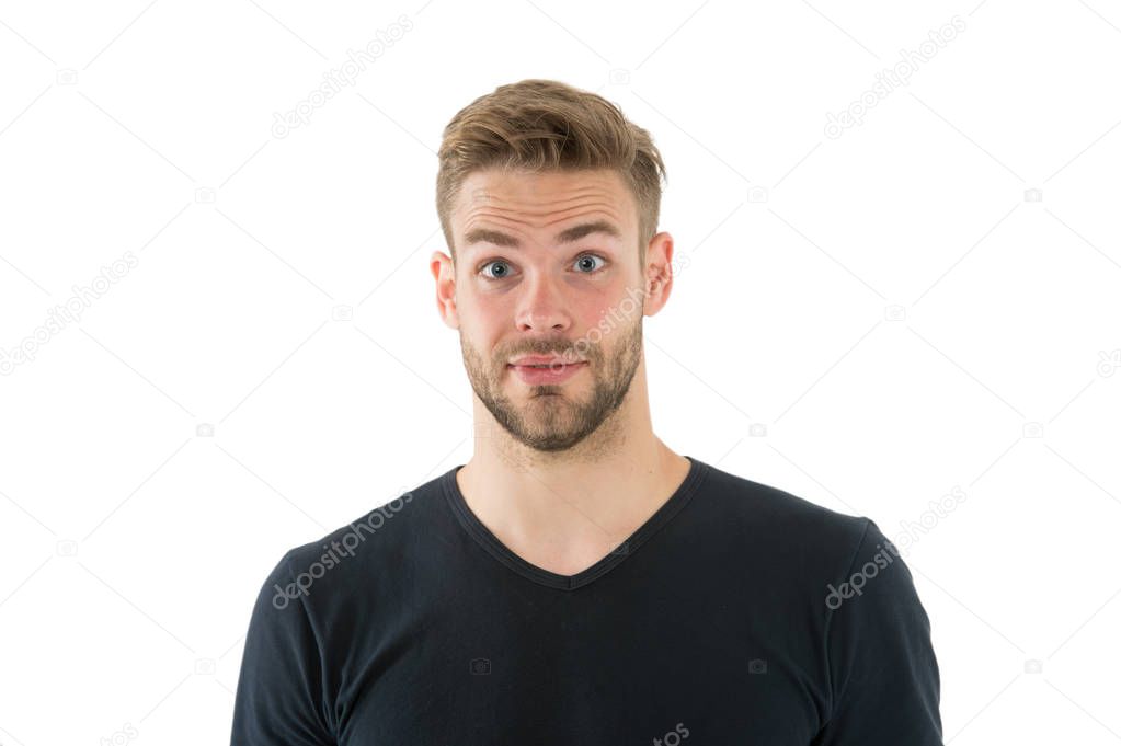I did not expect that. Man with bristle surprised face isolated white background. Pleasant surprise concept. Man with beard unshaven guy looks handsome good mood. Guy happy surprised