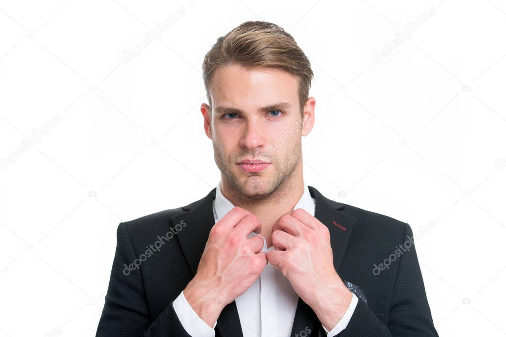 White collar worker. Man well groomed buttoning white collar elegant formal suit isolated white background. Macho elegant ready work office. Guy serious fashionable outfit handsome attractive