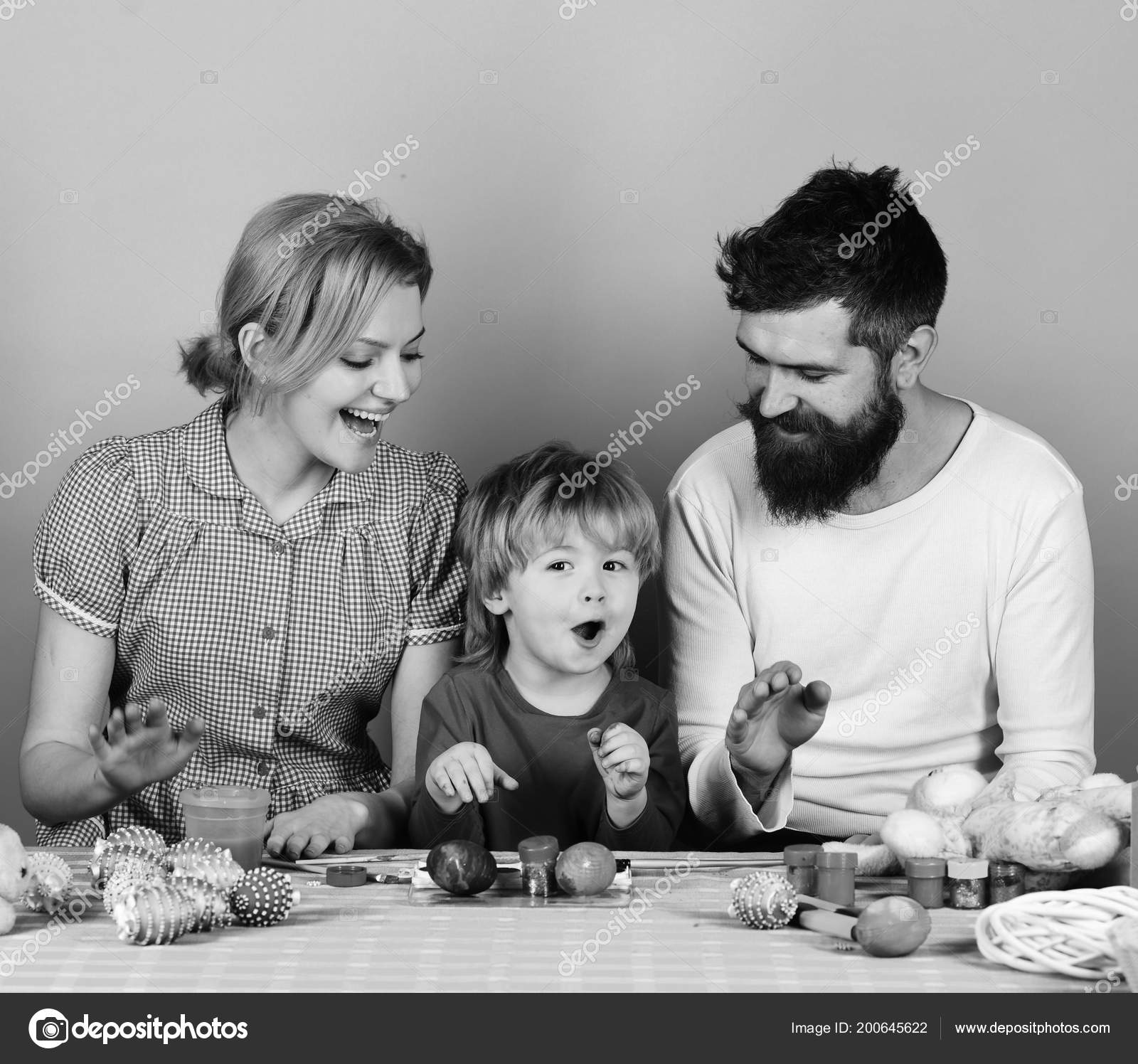 Joyful Family And Celebration Concept Man With Beard Woman And Son