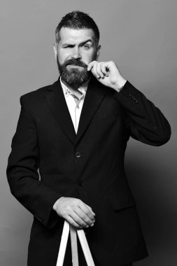 Giyen Klasik takım elbise. Sanatçı ile şık bir saç modeli ve çekici emin yüz.