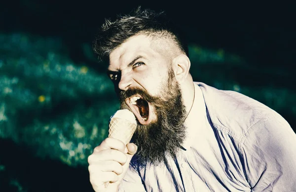 Şarkıcı kavramı. Adam sakal ve bıyık yüz bağırarak üzerinde dondurma zevk, çimen defocused arka plan üzerinde. Uzun Sakal şarkı olan adam. Sakallı adam dondurma külahı mikrofon olarak tutar.