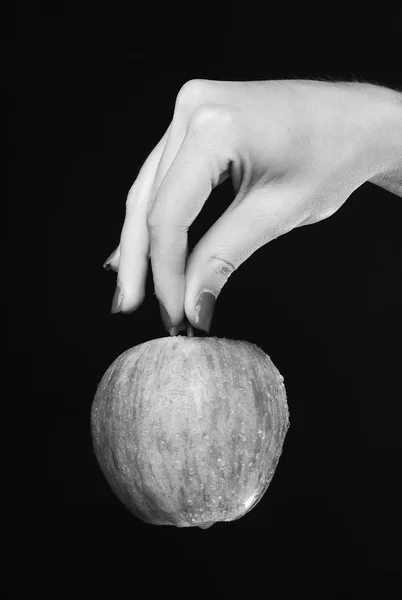 Female hand holds fresh fruit isolated on black background. Apple in red and orange color in girls fingers. — Stock Photo, Image