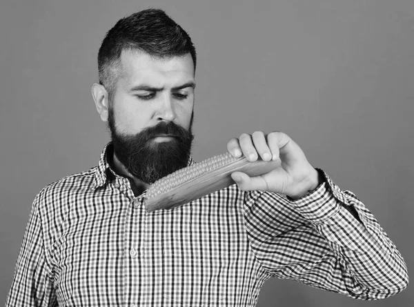 El tipo muestra su cosecha. El hombre con barba sostiene mazorca de maíz aislada sobre fondo verde. Agricultor con cara interesada sostiene maíz amarillo en la mano . — Foto de Stock