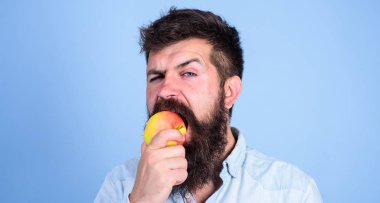 Uzun Sakal yeme elma ile elma adam yakışıklı hipster seviyorum. Hipster aç sulu olgun elma yiyor. Adam diyet beslenme meyve yiyor. Sağlıklı beslenme kavramı. Her zaman iyi bir fikir meyve sağlıklı snack