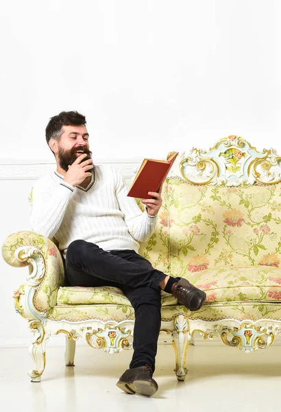 Sakal ve bıyık oturur barok tarzı kanepe, tutar kitap, beyaz duvar arka plan üzerinde olan adam. Adam zevk ile eski kitap okuma. Maço üzerinde yüz kitap okuma gülüyor. Mizahi edebiyat kavramı