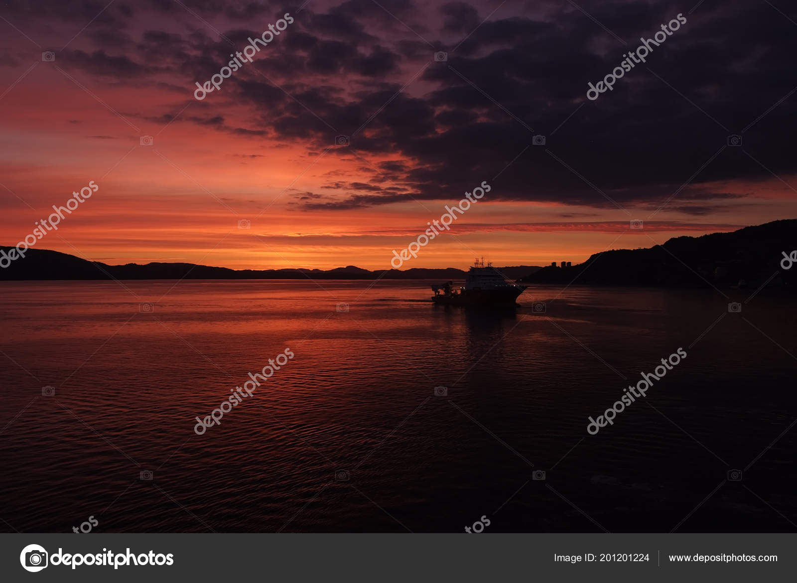 Paysage Marin Après Coucher Soleil Bergen Norvège Navire Mer