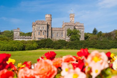 Lews Castle in Stornoway, United Kingdom with blurred roses in foreground. Castle with green grounds on blue sky. Historic architecture and design. Landmark and attraction. Summer vacation on isle clipart