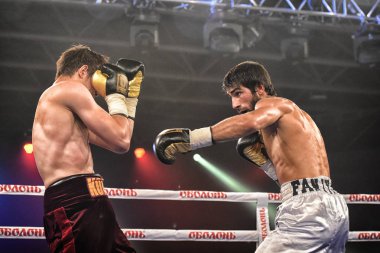 Kiev, Ukrayna - 16 Eylül 2017: Sparta boks Haritayı dahil altı sıralaması mücadele. Milli Güvenlik'Olimpiyskiy, Kiev, Ukrayna sıralaması için kavga sırasında halka tanımlanamayan bir boksörler