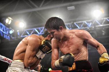 Kiev, Ukrayna - 16 Eylül 2017: Sparta boks Haritayı dahil altı sıralaması mücadele. Milli Güvenlik'Olimpiyskiy, Kiev, Ukrayna sıralaması için kavga sırasında halka tanımlanamayan bir boksörler