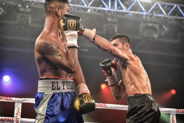 Kiev, Ukrayna - 16 Eylül 2017: Sparta boks Haritayı dahil altı sıralaması mücadele. Milli Güvenlik'Olimpiyskiy, Kiev, Ukrayna sıralaması için kavga sırasında halka tanımlanamayan bir boksörler