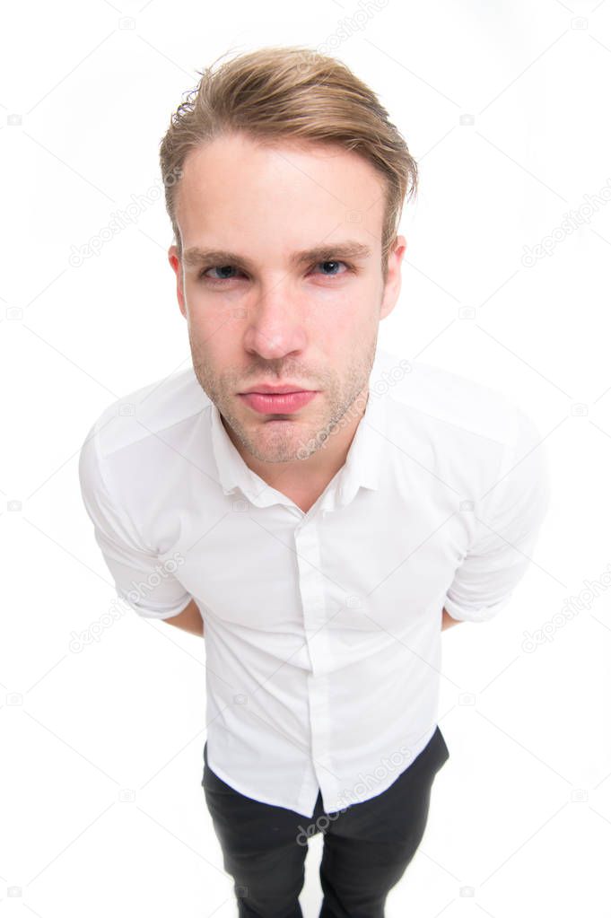 Suspicious glance. Man well groomed unbuttoned white collar elegant shirt isolated white background. I suspect you. Macho confident ready work office. Guy office worker handsome looks suspicious