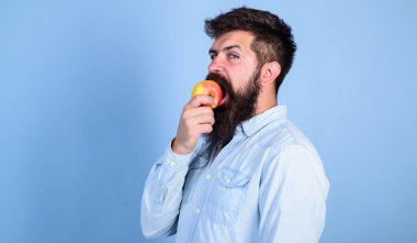 Adam diyet beslenme meyve yiyor. Sağlıklı beslenme kavramı. Adam yakışıklı hippi uzun sakal yeme apple ile. Hipster aç sulu olgun elma yiyor. Meyve sağlıklı yemek saati her zaman iyi bir fikir. Elma aşk