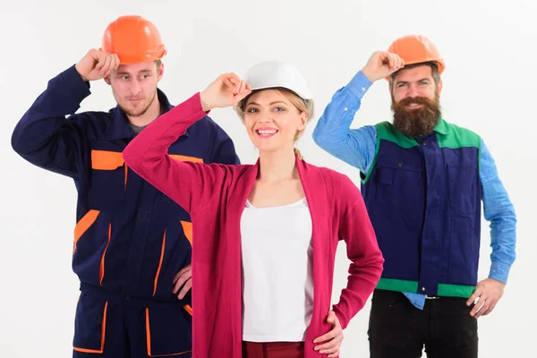 Team work concept. Builder, engineer, labourer, repairman as friendly team