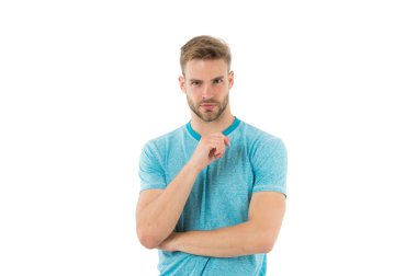 Karar verme. Adam ciddi yüz beyaz arka plan karar kıl. Adam tıraşsız adam zor kararı ile meşgul. Adam düşünceli dokunuşlar kıl çene üzerinde sakallı. Düşünceli ruh kavramı