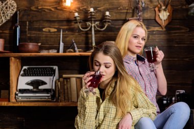 Kız arkadaşıyla beraber mulled şarap paylaşımı, rahatlatıcı. Rahatlatıcı ve mulled şarap içme kızlar. Tatil ve tatil kavramı. Arkadaşlar rahat kıyafetler içinde sıcak atmosferi, ahşap iç tadını çıkarın.