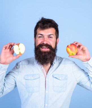 Sağlıklı bir alternatif. Elma hem de sağlıklı alternatif eller. Sakallı adam gülen elma mavi arka plan elinde tutar. Tamamen sağlıklı beslenme kavramı. Vitamini beslenme diyet sağlık