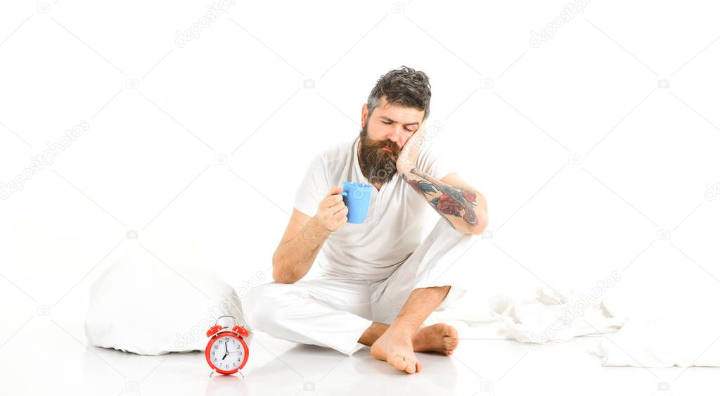 Man needs to get up early in morning, white background.