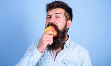 Uzun Sakal yeme elma ile elma adam yakışıklı hipster seviyorum. Hipster aç sulu olgun elma yiyor. Meyve sağlıklı yemek saati her zaman iyi bir fikir. Adam diyet beslenme meyve yiyor. Sağlıklı beslenme kavramı