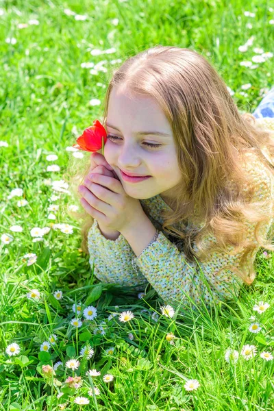 子は、草原に横たわっている間チューリップの香りをお楽しみください、クローズ アップ。幸せそうな顔の女の子は、日当たりの良い春の日の赤いチューリップの花を保持します。草地、草背景に横になっている長い髪を持つ少女。優しさの概念 — ストック写真