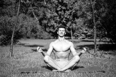 Adam sağlıklı vücut ile meditasyon yoga mat yaz Park. Yoga zen, meditasyon çakra lotus, barış rahatla.