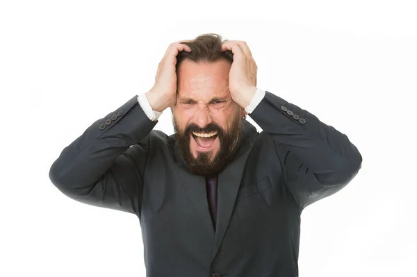 Failed again. Frustrated business man hold hands on head and keep eyes closed while stand against white background. Businessman feel pain headache stressful day. Stressful business life — Stock Photo, Image