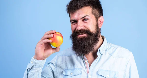Come sano. El hombre con barba hipster sostiene la mano de fruta de manzana. Datos nutricionales y beneficios para la salud. Manzanas fruta popular en el mundo. Comer manzana puede ayudar a reducir los niveles de azúcar en la sangre y proteger contra la diabetes — Foto de Stock