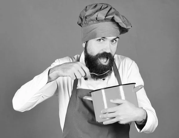 Laga mat med hungriga ansikte i vinrött hatt och förkläde innehar potten och sked. Mannen med skägg innehar köksutrustning på grön bakgrund — Stockfoto