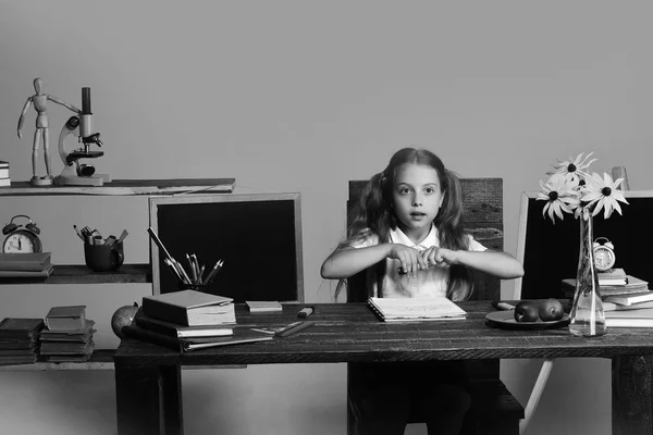 De vuelta a la escuela y concepto de infancia. Chica se sienta en su escritorio con libros, flores y artículos de papelería — Foto de Stock