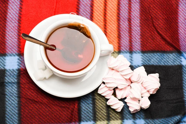 Autumn drink concept. Tea mug with dipped bag of tea and marshmallows on plaid. Process of drink brewing in cup, top view. Mug filled with black brewed tea and spoon on colorful cozy plaid background