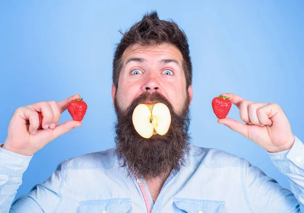 Fruit filling. Man handsome hipster long beard eat apple hold strawberry. Hipster surprised enjoy fruit filling. Man stuffed apple. Apple mouth bearded hipster holds strawberries in both hands