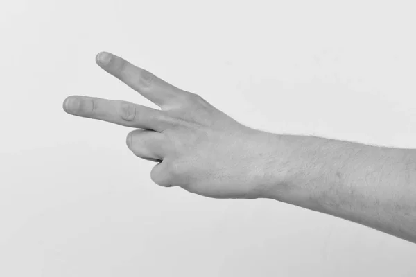 Hand isolated on light grey background, copy space. Count down and nonverbal communication. Male hand shows two fingers. — Stock Photo, Image