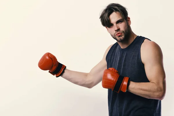 Boxer makes hits and punches as training. Man with bristle and serious face wears boxing gloves. Boxing and sports concept. Athlete with leather box equipment — Stock Photo, Image
