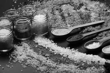 Koyu gri arka planda bir dizi baharat. Tahta kaşıklar