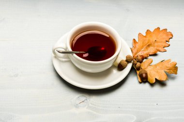 Sonbahar içki kavramı. Siyah çay demlendi, kaşık ve beyaz zemin üzerine düşen sonbahar yaprakları kupa dolu. Çay kaşık, şeker ve dekor meşe palamudu ve yaprakları ile servis. İçki ve meşe palamudu ve meşe yaprağı