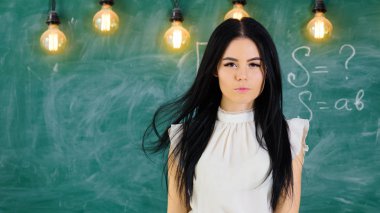 Bayan öğretmen sakin yüzünde kara tahta önünde duruyor. Beyaz bluz uzun saçlı kadın sınıfta durumda. Akıllı seksi kadının yanına hesaplamalar, kopya alanı ile yazı tahtası. Elit okul kavramı